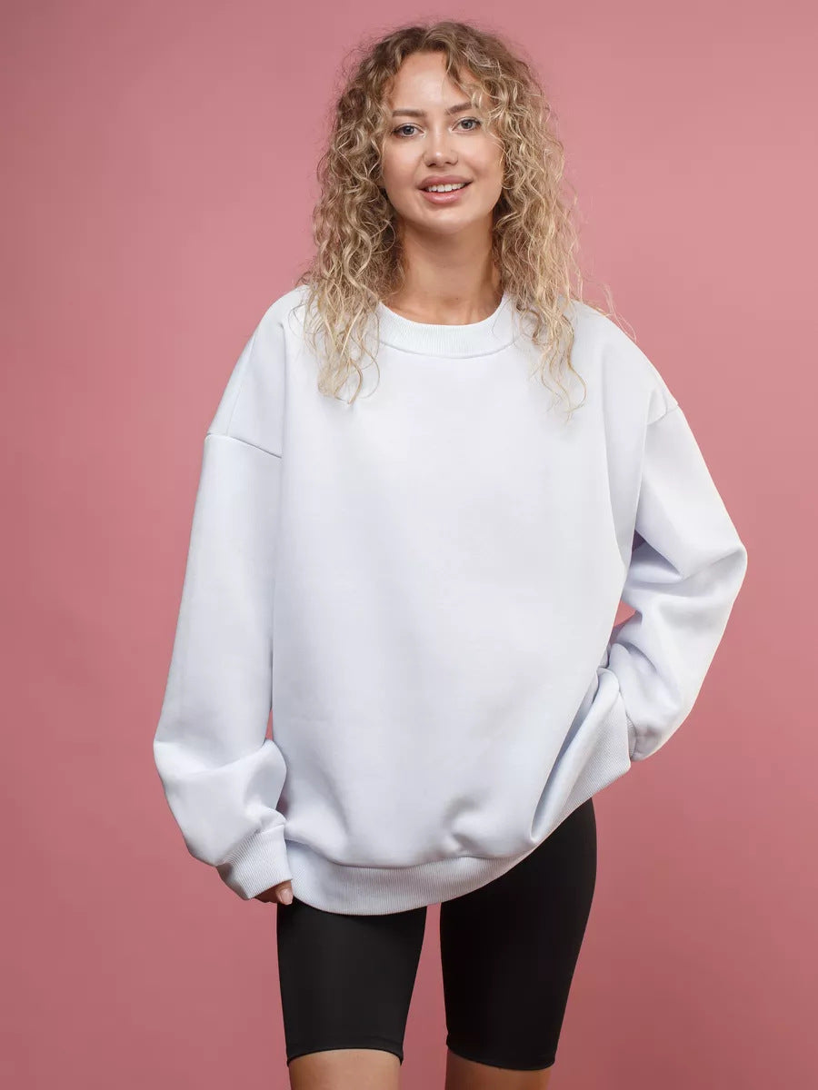 Solid Color Crew Neck Loose-Fit Pullover Sweatshirt Top For Women