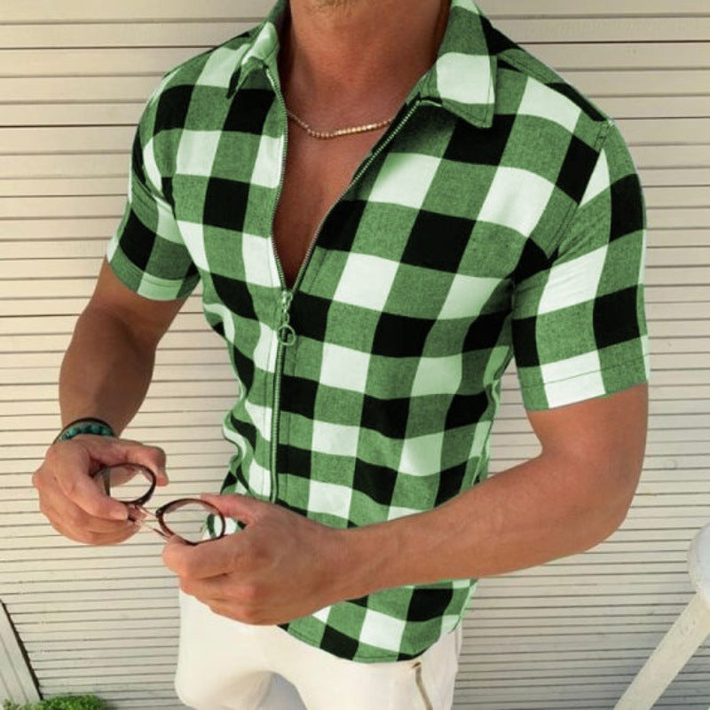 Plaid T Shirt Men's Zipper