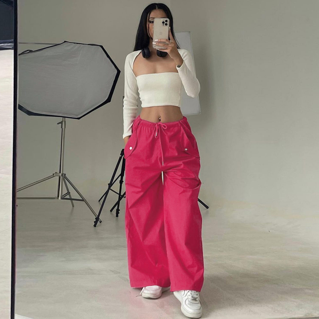 Solid-color Lace-up Loose-fitting Straight-leg Work Pants