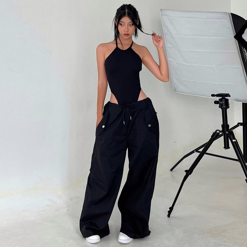 Solid-color Lace-up Loose-fitting Straight-leg Work Pants
