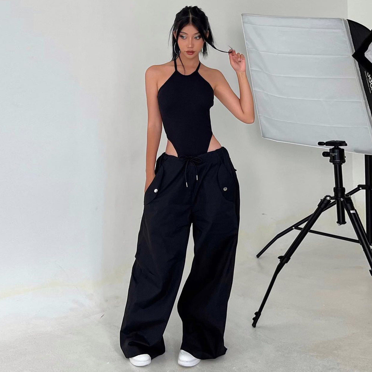 Solid-color Lace-up Loose-fitting Straight-leg Work Pants