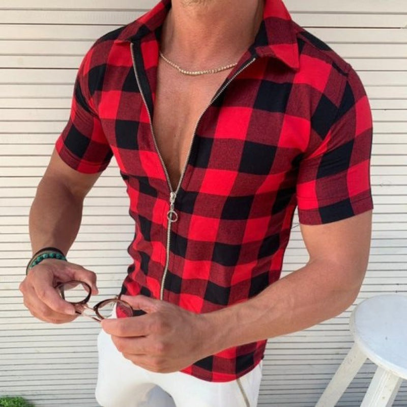 Plaid T Shirt Men's Zipper