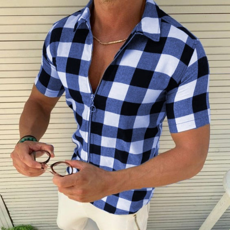 Plaid T Shirt Men's Zipper