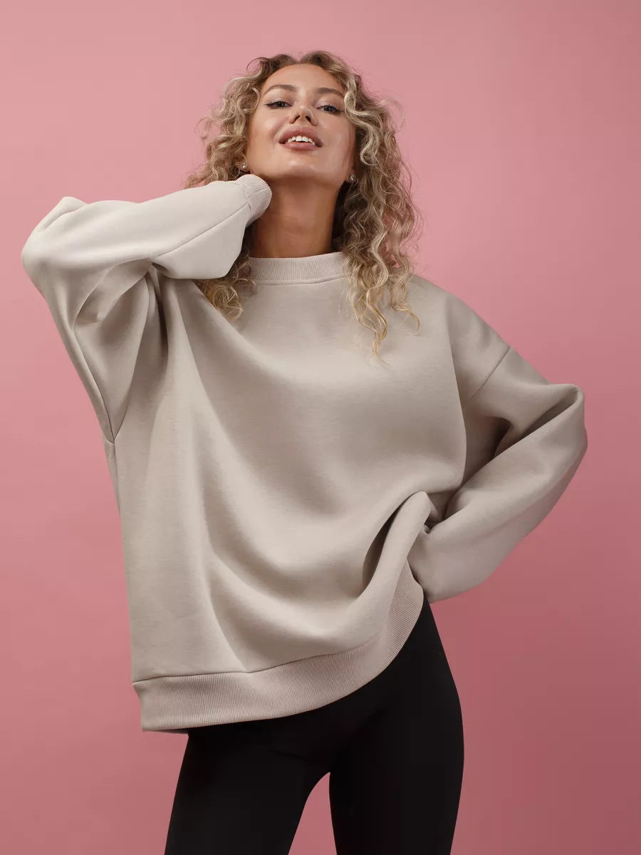 Solid Color Crew Neck Loose-Fit Pullover Sweatshirt Top For Women
