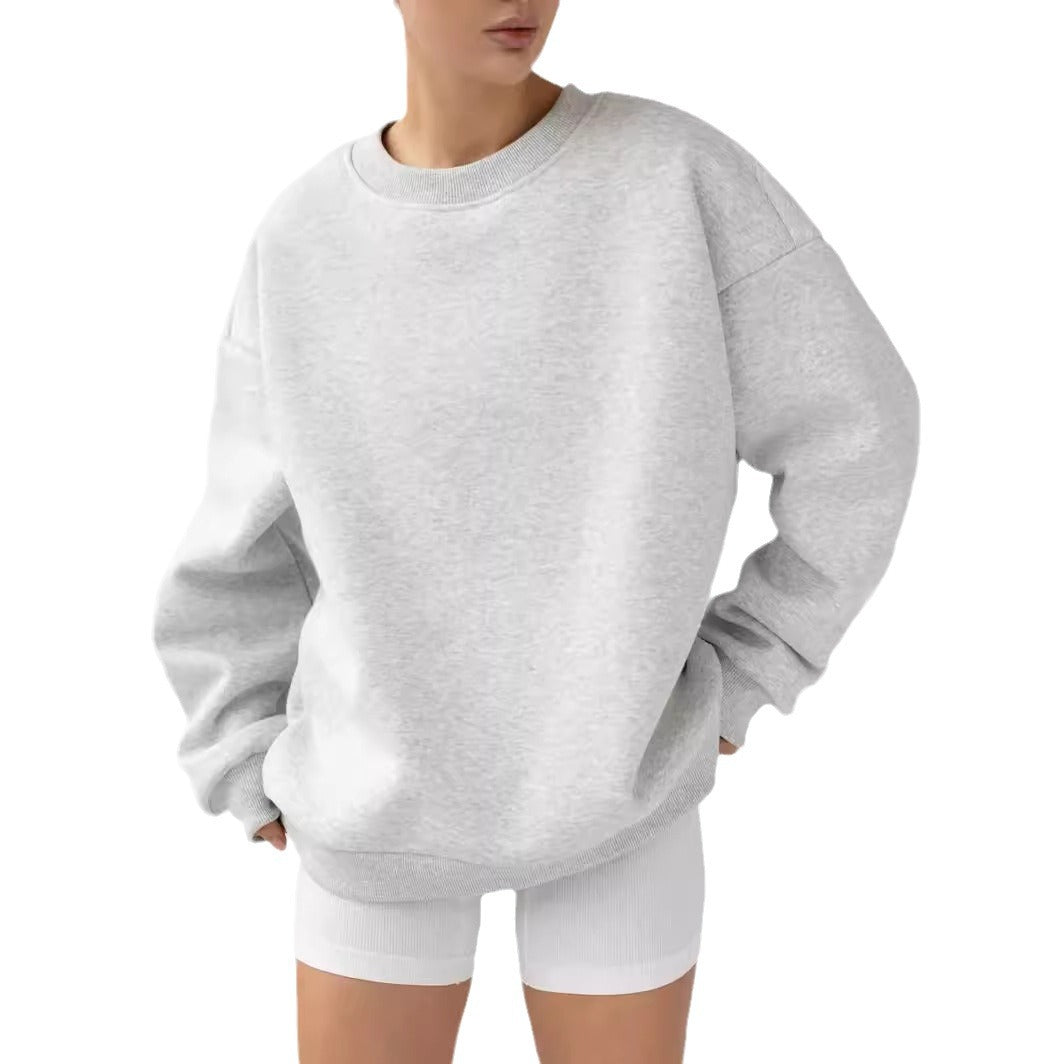 Solid Color Crew Neck Loose-Fit Pullover Sweatshirt Top For Women