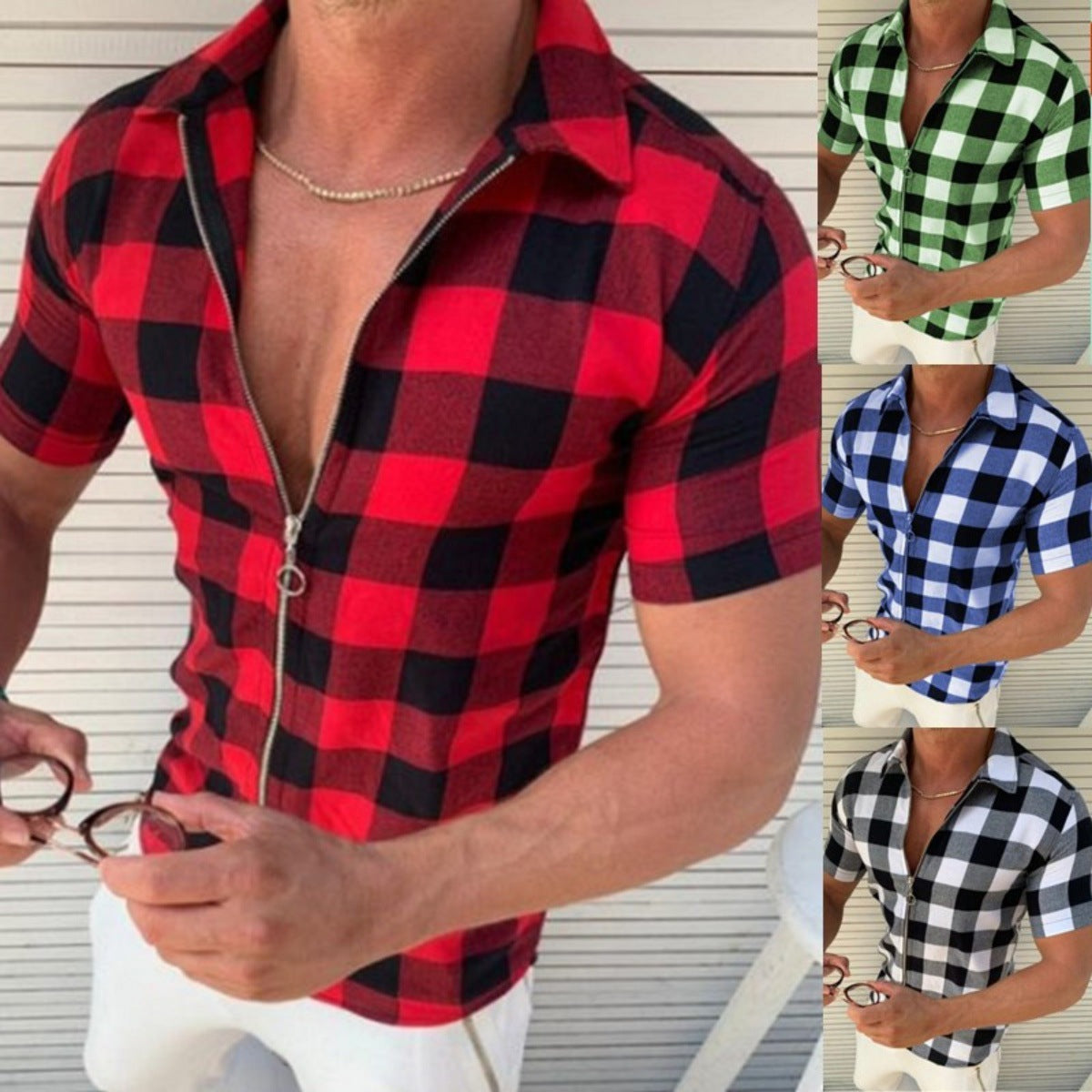 Plaid T Shirt Men's Zipper