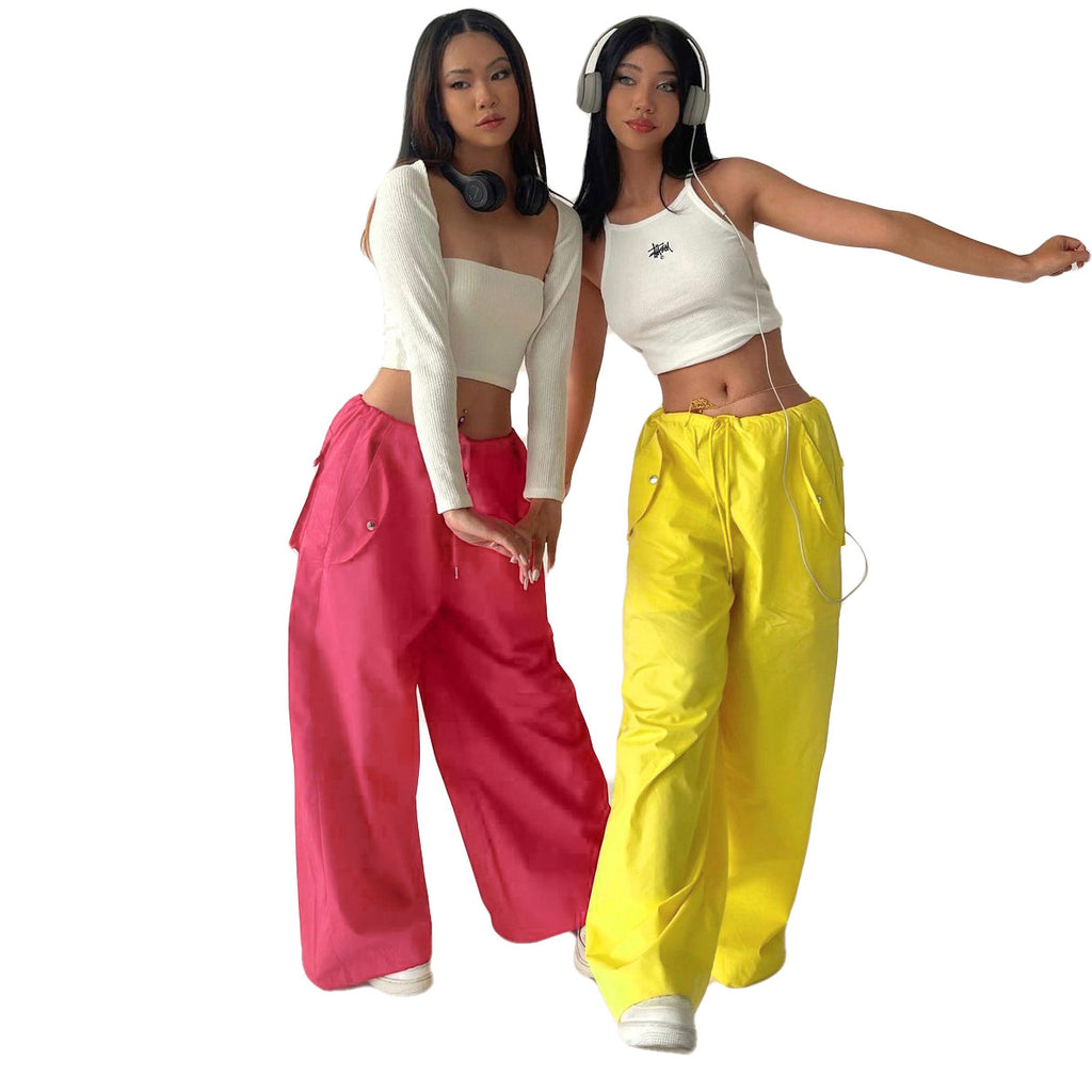 Solid-color Lace-up Loose-fitting Straight-leg Work Pants