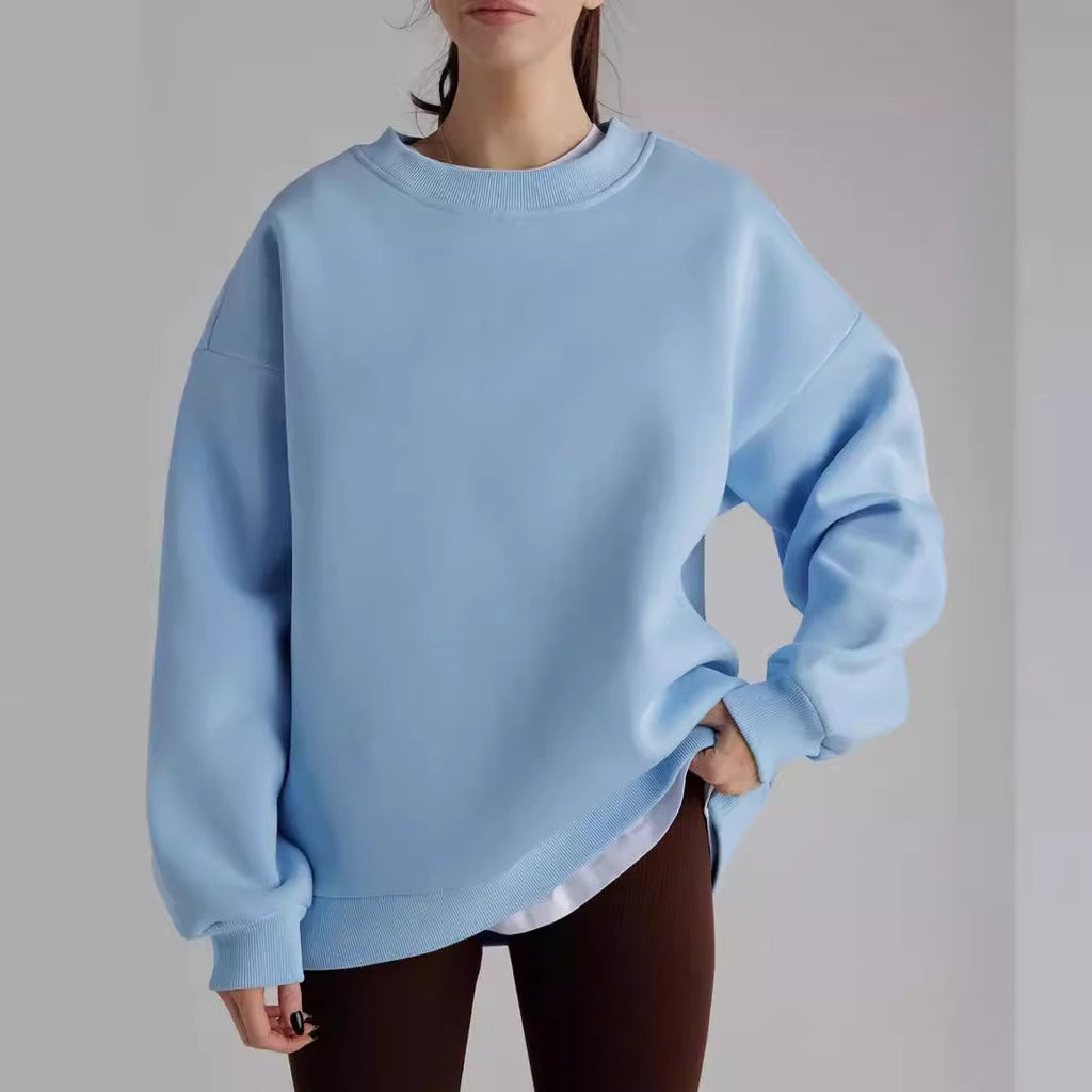 Solid Color Crew Neck Loose-Fit Pullover Sweatshirt Top For Women