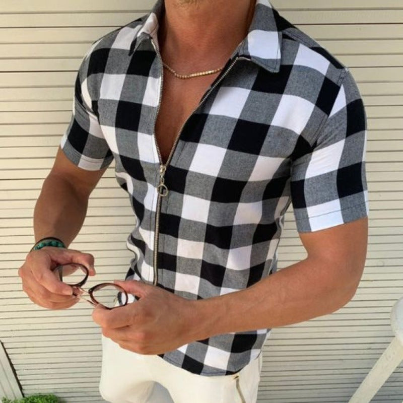 Plaid T Shirt Men's Zipper